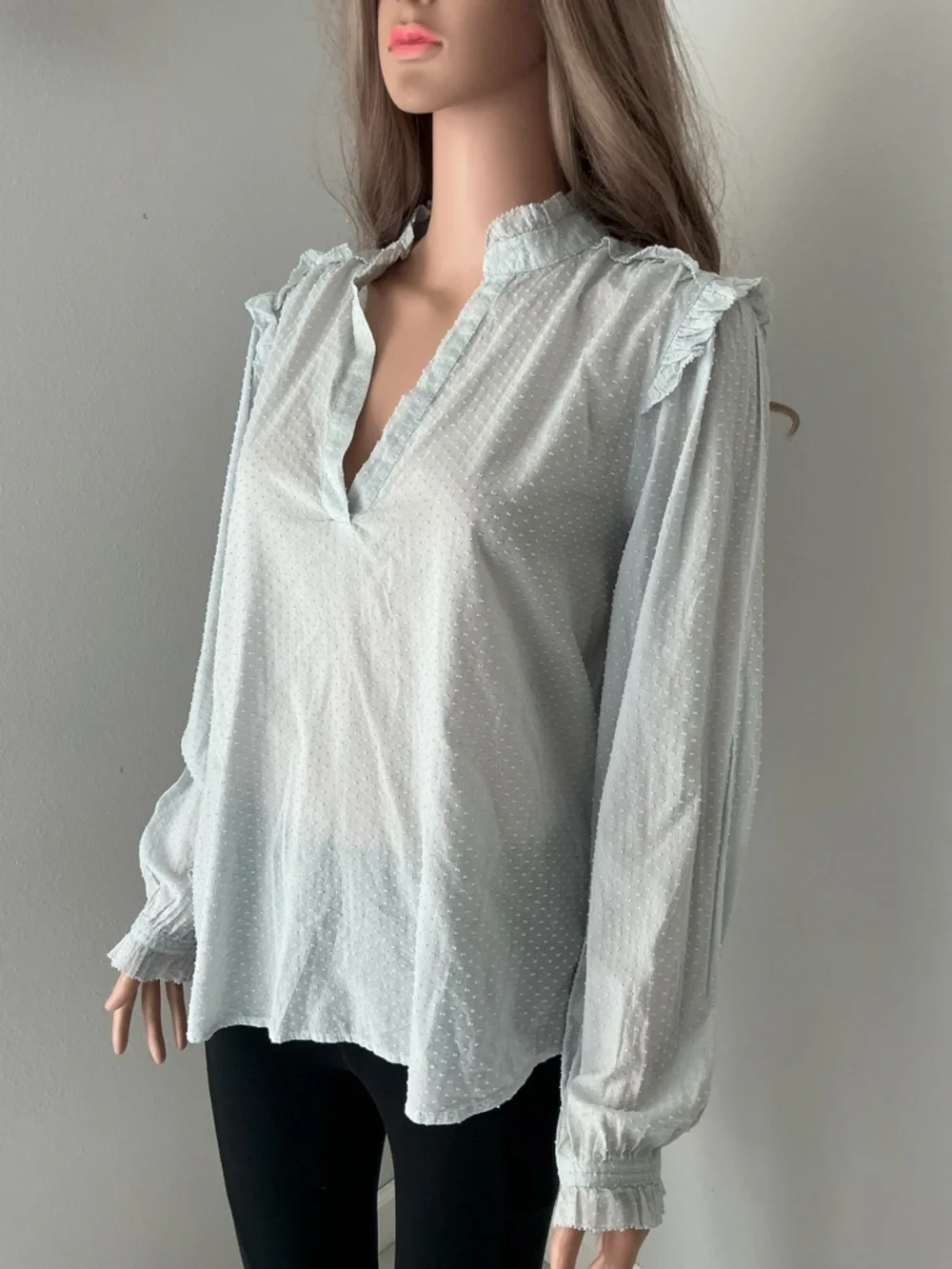 J. Crew Pale Blue Swiss Dot Ruffle-Shoulder Blouse